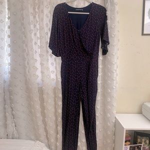 Abercrombie & Fitch Navy Blue Short Sleeve Jumpsuit Romper w/ red floral pattern